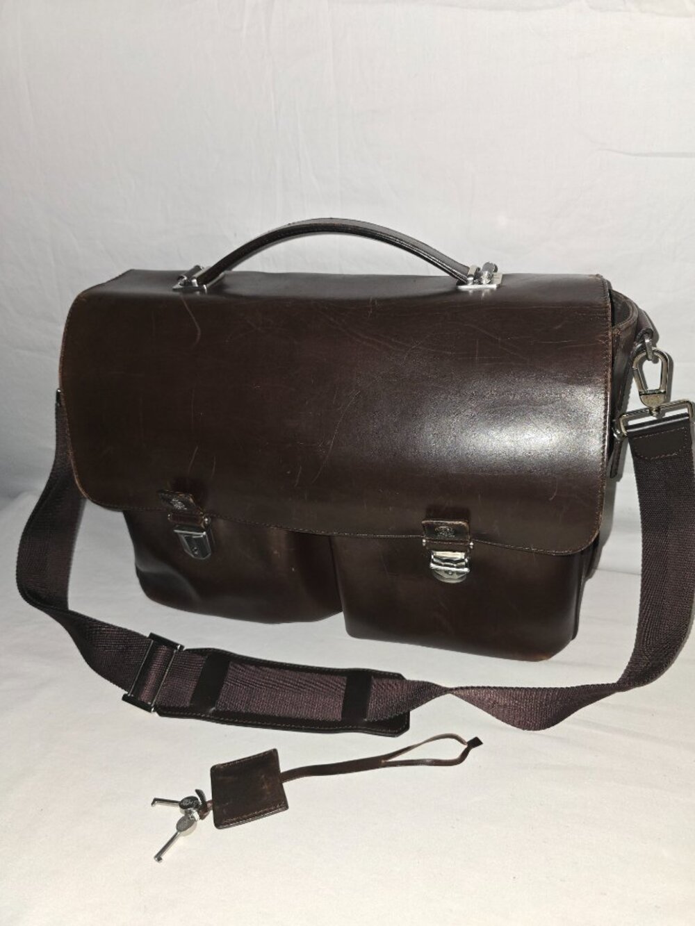 VINTAGE DUNHILL Brown Leather Briefcase Messenger Bag Twin Pocket Flap Lock /Key